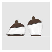 Starter Kit featuring two baby bottles with brown lids, one with a rich shape design for easier grip.
