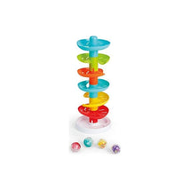 Colorful vertical toy tower with five spiral platforms and three small balls, designed for rolling and interactive play.