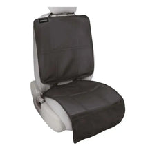 Premium black Ezimoov seat protector fitted over a car seat, designed to protect upholstery from spills and stains.