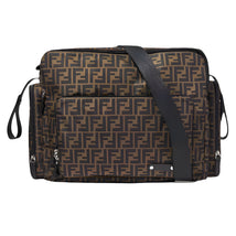 Brown Fendi Baby changing bag featuring the iconic FF logo pattern, equipped with a shoulder strap and zippered pockets.