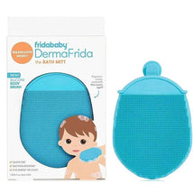 Fridababy DermaFrida The Bath Mitt, a blue silicone bathing brush, featured alongside a child illustration on the packaging.