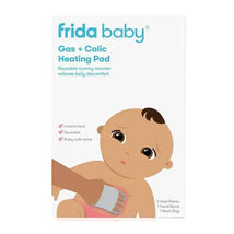 Fridababy Gas + Colic Heating Pad packaging featuring a sad baby and a hand applying the pad, emphasizing instant heat and baby-safe use.