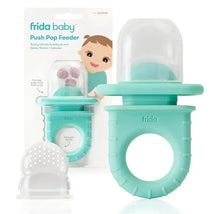 Fridababy Push Pop Feeder in teal, designed for introducing babies to new foods, with an easy-grip handle and included feeder insert.