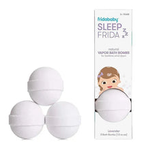 Fridababy SleepFrida Vapor Bath Bombs in lavender, three white bath bombs for bedtime relaxation, with packaging visible.