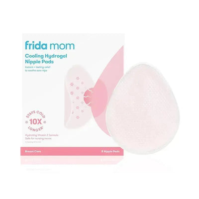 Frida Mom Cooling Hydrogel Nipple Pads package featuring eight pads, highlighting cold relief for sore nipples with a pink design.