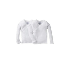 Long sleeve white side-snap shirts from Gerber, featuring soft fabric and stylish v-neck design, sold in a 2-pack.