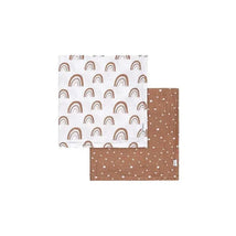 Muslin blanket set featuring a white blanket with brown boho rainbows and a brown blanket with pastel polka dots.