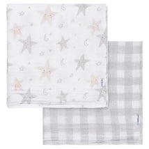 Two muslin blankets from Gerber Bedding, one featuring a celestial star pattern and the other in a gray check design.