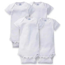 Four white short-sleeve bodysuits from Gerber, featuring snap closures at the bottom for easy dressing.