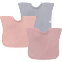 Three soft, stay-dry pull-over bibs in pink, light pink, and light blue designed for toddlers.