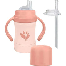 Green Sprouts 6 oz Sprout Ware Sip & Straw in grapefruit color, featuring a two-handled cup with a straw and lid.