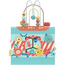 Colorful Hape Montessori Magic Cube with beads, gears, and interactive features for early childhood learning.