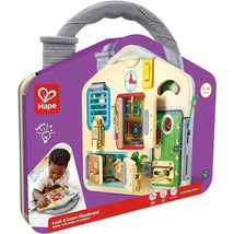 Hape Lock and Learn Playboard designed for ages 3-6, featuring colorful doors, locks, and learning activities for children.