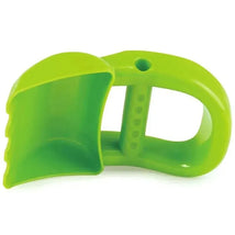 Green hand digger toy with a curved scoop and ergonomic handle, designed for outdoor play and digging activities.