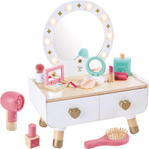 Hape My Stylish Dressing Table with a mirror, lights, brushes, lipsticks, and nail polish displayed on a wooden surface.