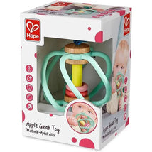 Colorful Hape Apple Grab Toy in packaging, featuring a wooden center and flexible rings, designed for infants 3 months and older.