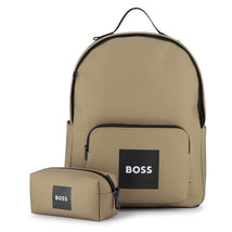 Hugo Boss Baby backpack and matching pencil case in dark stone polyester canvas with visible logo.