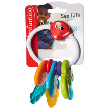 Infantino Sea Life Teether featuring a red crab with colorful marine-themed teethers attached, suitable for ages 3+.