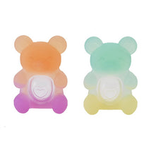 Two gummy bear-shaped teething toys in gradient colors, pink to orange and green to yellow, with heart-shaped bases by Infantino.