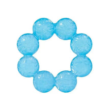 Aqua-colored water teether shaped like a flower, designed for soothing infants during teething.