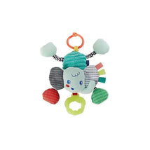 Soft elephant toy with colorful patterns and textures, featuring a ring for easy attachment and multiple sensory elements.