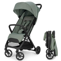 Quid³ Compact Lightweight Stroller in Planet Green, featuring a foldable design and safety harness.