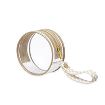 Clear taupe pacifier case with handle, featuring a zipper closure, designed to hold two pacifiers securely.