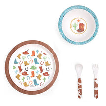 Four-piece dining set featuring a large plate and a bowl adorned with cowboy-themed designs, plus matching utensils.
