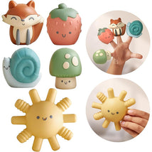 Multicolor Itzy Ritzy finger puppet bath toy set featuring cute character designs: a fox, snail, mushroom, and sun.