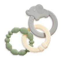 Linkable teething ring set featuring an elephant-shaped gray ring, green and cream textured rings. Ideal for infants.