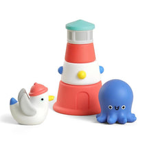 Nautical-themed Stack & Squirt Bath Toy Set featuring a lighthouse, a duck, and a blue octopus.