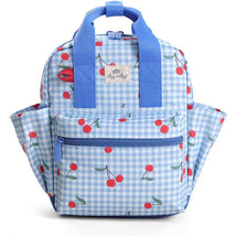 Toddler backpack in blue gingham pattern with cherry design, featuring a front zipper pocket and sturdy handles.