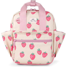 Toddler backpack featuring a strawberry pattern in pink and green, with adjustable straps and a front zipper pocket.