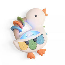 Light-up interactive piano toy shaped like a goose, featuring four colored piano keys and textured rings.