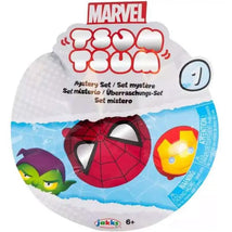Marvel Tsum Tsum mystery set featuring Spider-Man, Iron Man, and Green Goblin characters on a colorful packaging.