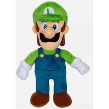 Plush toy of Luigi from Super Mario, featuring his signature green hat, blue overalls, and smiling expression.