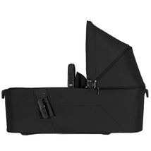 Foldable Joolz Aer2 bassinet in Space Black, featuring a sleek, modern design and a large canopy for shading.