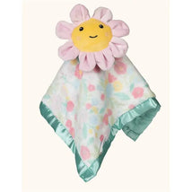 Soft security blanket featuring a floral design and a smiling flower-shaped plush head.