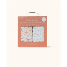 Jujube Swaddle Blanket Set, Roarsome, featuring two blankets with playful dinosaur and floral patterns, packaged in a box.