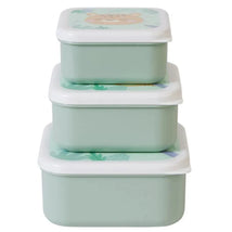Set of three hunter mint lunch boxes stacked, featuring colorful animal-themed lids with floral patterns.