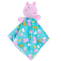 Peppa Pig puppet blankey featuring a pink pig head and a soft turquoise fabric adorned with colorful animal designs.