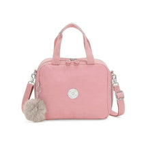 Kipling Miyo lunch bag in Bridal Rose, featuring a pink exterior, dual handles, detachable strap, and a furry pom-pom charm.