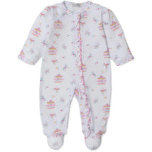 Kissy Kissy Carousel Magic Zip Footie featuring a carousel and unicorn print with pastel colors and a ruffled zipper detail.