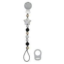Kushies SiliBead pacifier clip features a star bead design with various round beads in black, white, and beige.