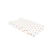 Change pad cover featuring a repeated teddy bear print on a white background. Ideal for baby changing stations.