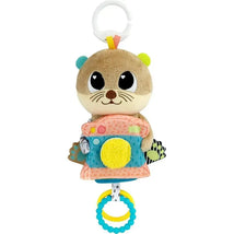 Soft plush otter toy holding a camera with colorful rings attached, designed for infants.