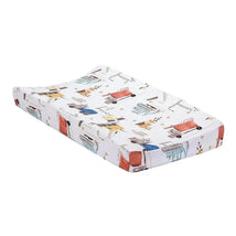Changing pad cover featuring a construction zone theme with colorful trucks and construction elements.