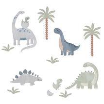 Dinosaur-themed wall decals featuring various cute dinosaurs and palm trees in soft colors.