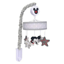 Musical mobile featuring Mickey Mouse and stars in gray and red, designed to soothe infants.