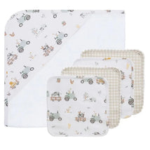 5-piece bath gift set includes a hooded towel with tractor print and four washcloths in assorted patterns.